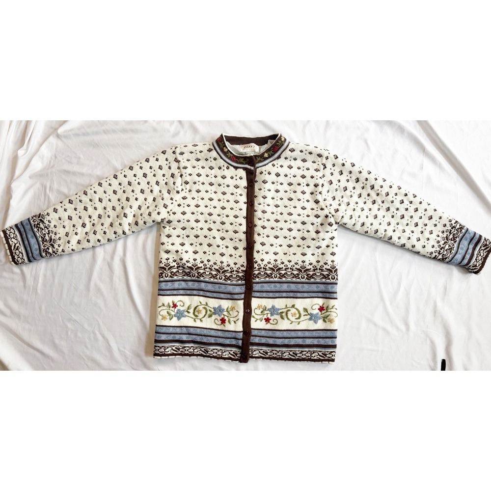 Vtg Jenny Cardigan Embroidered Cable-knit Lined Button Sweater Jacket Sz XL